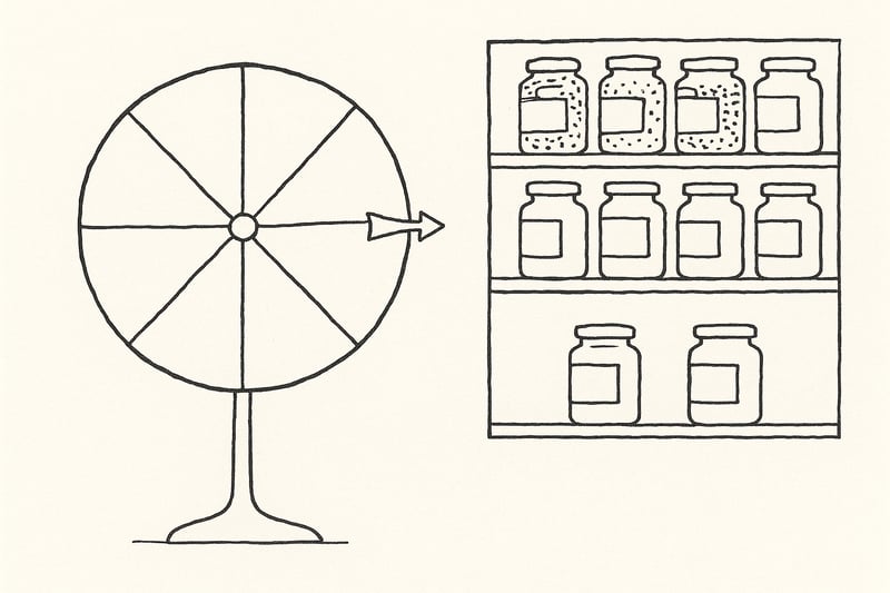 Hand-drawn spinner wheel beside two jam displays—one cluttered, one simple—capturing tension between abundance and clarity and relief through fair random choice.